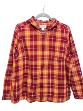 CJ Banks Burgundy & Orange Plaid Hooded Zip-Up Jacket 1X Pumkin Patch Fall 🍂🎃
